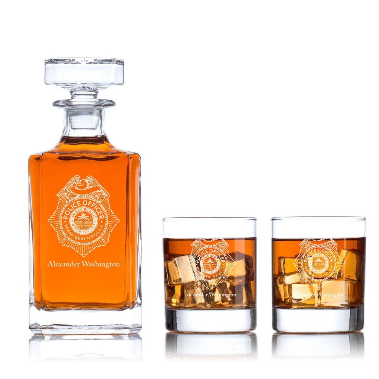 Custom Engraved - Police Badges - Classic Personalized Whiskey Decanter Set - Miami Beach Police Badge