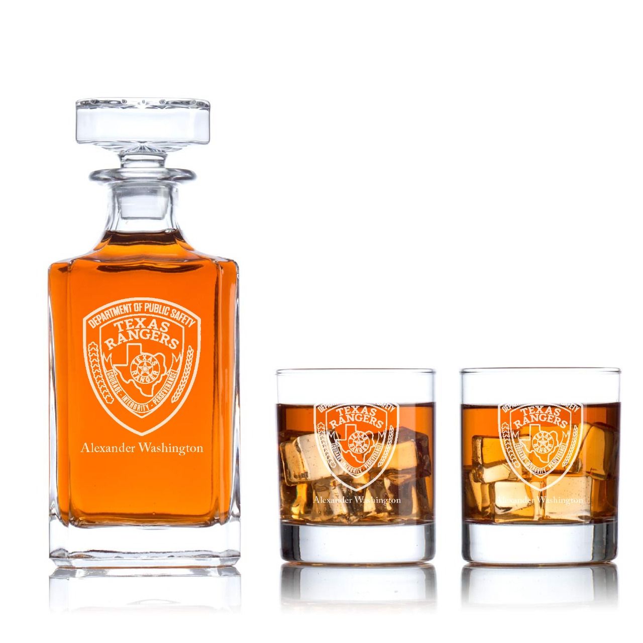 Custom Engraved - Police Badges - Classic Personalized Whiskey Decanter Set - Dept of Public Safety Texas Rangers Patch