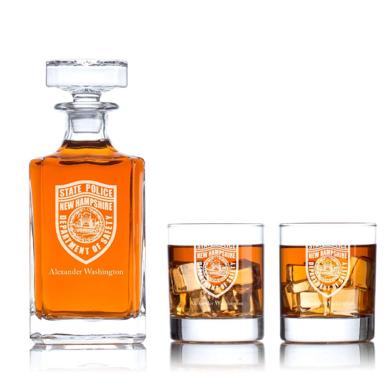 Custom Engraved - Police Badges - Classic Personalized Whiskey Decanter Set - State Police New Hampshire Patch