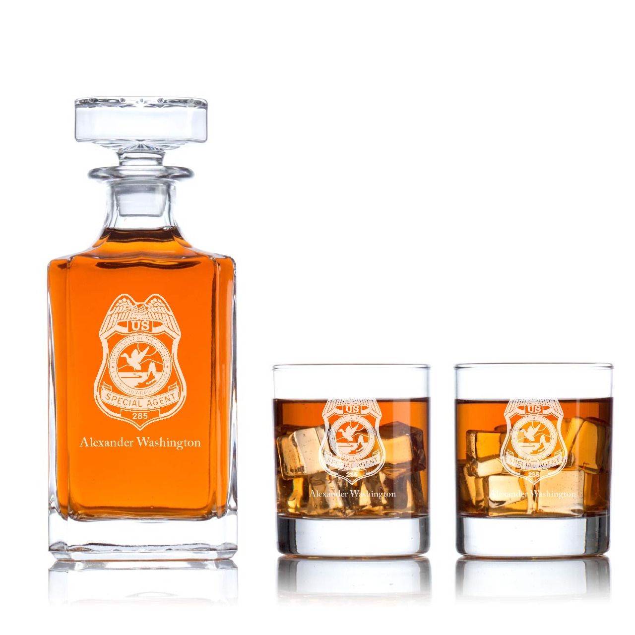 Custom Engraved - Police Badges - Classic Personalized Whiskey Decanter Set - Dept of Interior US Fish and Wildlife Service